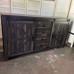 Farmhouse Sideboard Buffet Cabinet with Storage, 60" Large Kitchen Cabinet w/Sliding Barn Doors and 4 Drawers, 31.2'' Tall Rustic Wood Coffee Bar Tabl
