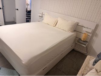 IKEA White Queen Bed Frame w/ Mattress + 2 Floating Nightstands