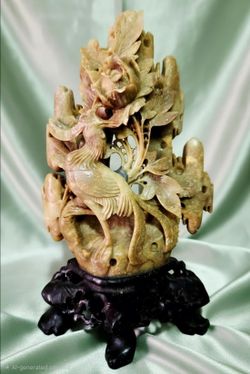 Antique Chinese Soapstone Carving Of Phoenix Bird With Flowers & Foliage 6.75”