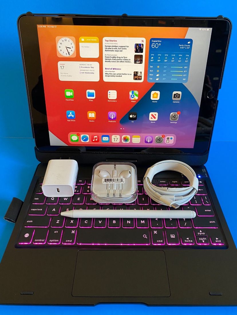 Apple IPad 9th Generation (10.2” Retina /Touch ID /IOS 17/ 2021 Model) 64GB with Pen, Keyboard & Accessories