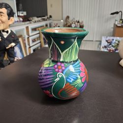 Mexican Folk Art Pottery Vase Handcrafted From Clay & Painted In Vibrant Colors W/Bird & Flower Motif 6.5" Tall 