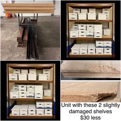 (3) Boltless 4 Shelf Storage Shelves 72” X 30” X 87”H. Read description and see all pics, units vary. Unit 1: Undamaged wood shelves $139. Unit 2: 2 S