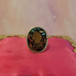 Vintage Native American Indian Head Sterling Silver Ring Size 9 Turquoise Coral Inlay F9
