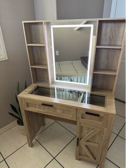 Farmhouse Vanity with Storage and Lighted Mirror
