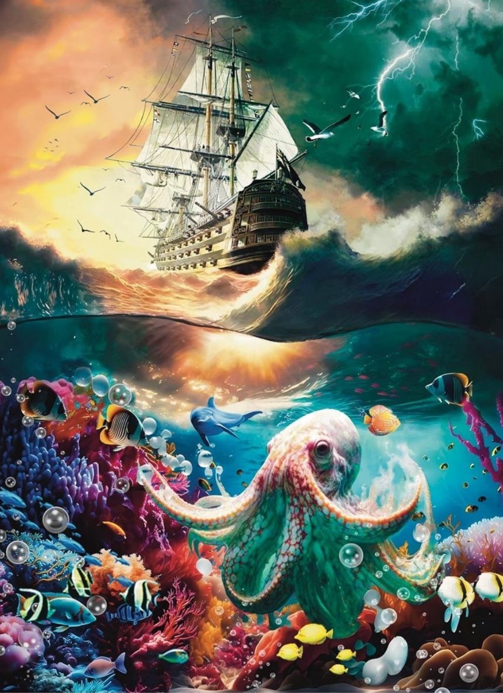 Premium 1000 Piece Jigsaw Puzzle for Adults -27x20 Unique Marine Artwork Pirate shipoctopus Puzzle - Unique Brain Teaser, Difficult and Challenge Larg