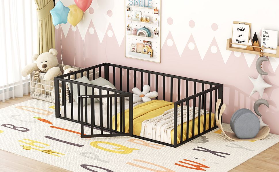 Twin Size Metal Floor Bed Frame with Fence and Door, Black