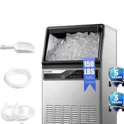 150lbs Commercial Ice Maker Machine per Day, Stainless Steel Housing Under Counter Ice Machine with 33lbs Storage Capacity, Freestanding Ice Maker,