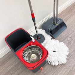 (NEW) $30 Combo Set, Broom Dustpan and Spin Mop Extended Handle w/ 2pc Microfiber Replacements