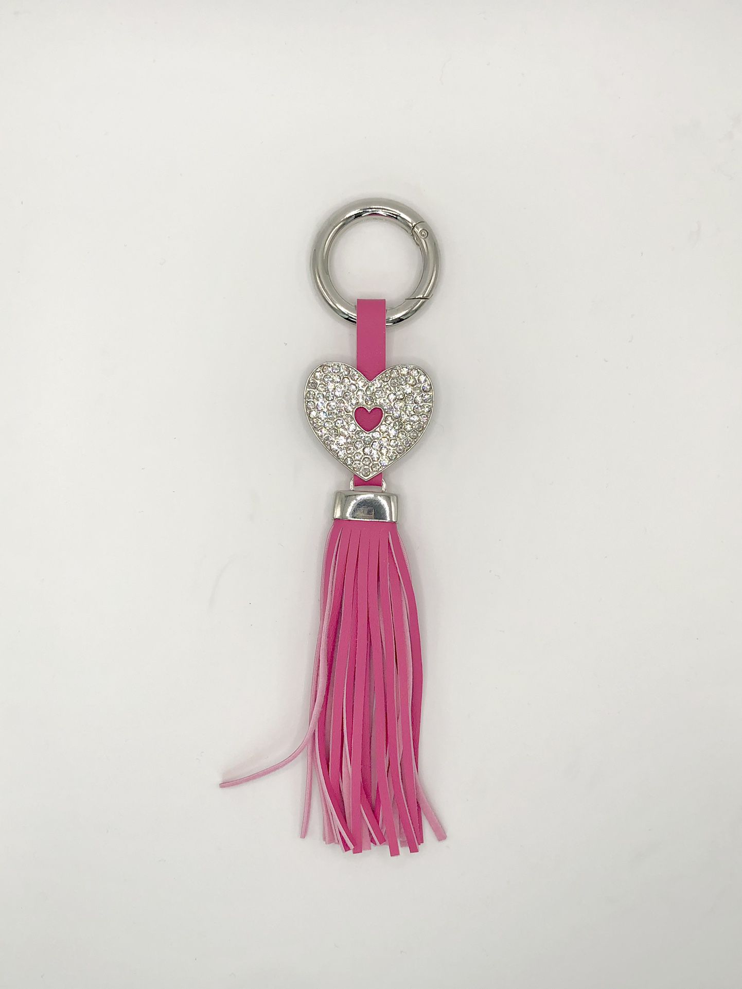 Pink Fringe Tassel With Silver Faux Crystal Heart Keyring/Purse Charm