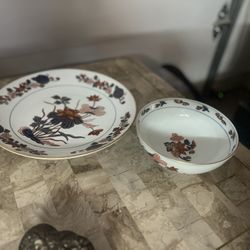 Vintage Mid Century Hand-Painted Gold Imari Plate Charger Platter 12”  And Matching Bowl