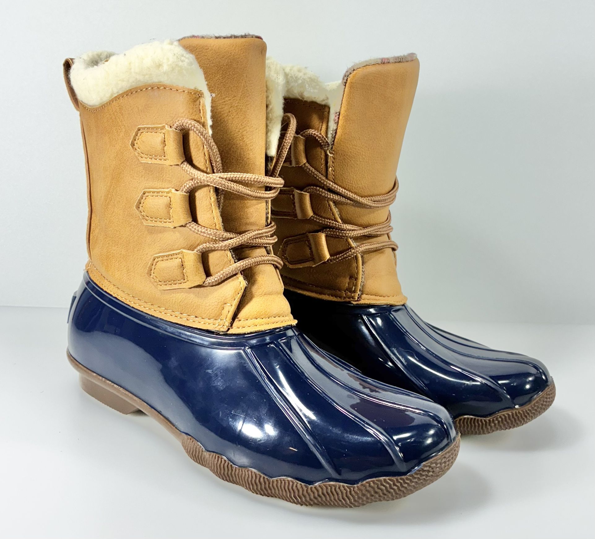 Jessica Carlyle Gavin Ankle Duck Boots Navy & Brown Women Size 8.5