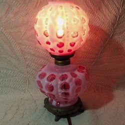 VTG FENTON CRANBERRY OPALESCENT COIN DOT & BEADED DRAPERY PATTERN 10” GONE WITH THE WIND LAMP