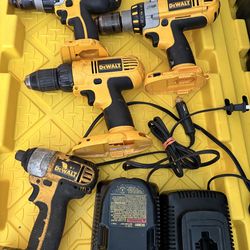 Dewalt drills (3), 1 impact, 1 battery, one wall charger & 1 car charger