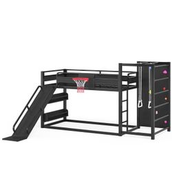 Twin XL size metal loft/bunk bed with basketball hoop, pull-up rings, climbing wall, and built-in bookshelves. Playful children's design featuring a s