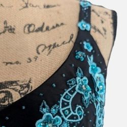 Homecoming Evening Black Dress Embroidered Teal Blue Flowers Embellished Bead Crystals Fits Sz 14/16