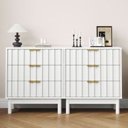 3 Drawer Nightstand Set of 2, Modern Fluted Chest of Drawers, Wooden Storage Night Stand Side Table with Chic Edge Pull, Perfect for Bedroom, Living R