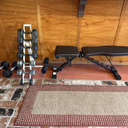 like new weight bench with 10,15,20,25 pound dumbbells and rack