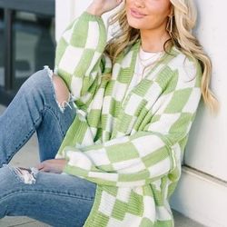 Sage & White Checkered Cardigan
