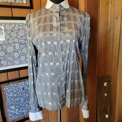 Vintage 1970s Men's Silver/Gray Collared Button Down Silk Shirt White Accents