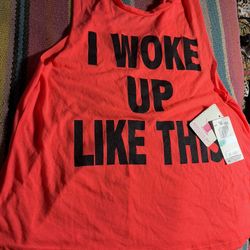 Rebellious One I Woke Up Like This Tank Top Neon Coral Graphic Large