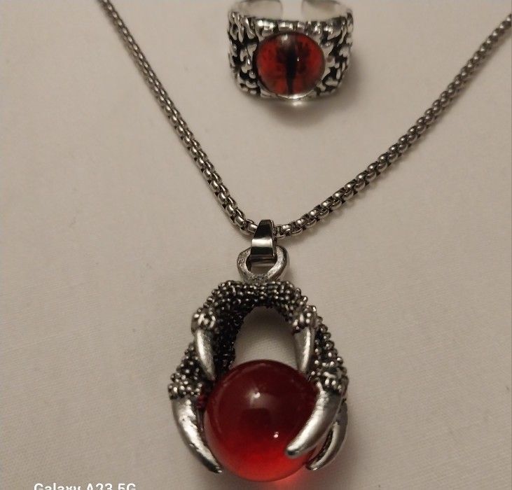 Stanless Steel Set Necklace And Ring With Animal Claw Large Pearl
