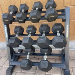 WEIDER RUBBER DUMBBELLS WEIGHTS AND RACK
