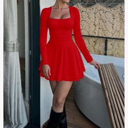 Kaximil Women's Square Neck Ruffle Hem Mini Dress Ruched Waist Long Sleeve Corset Short Party Dresses