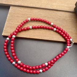 Red Coral 925 Sterling Silver Beaded Necklace Natural Stone Dainty