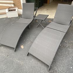 Set Of Plastic Rattan Style Reclining Lounge Chairs With Side Table 