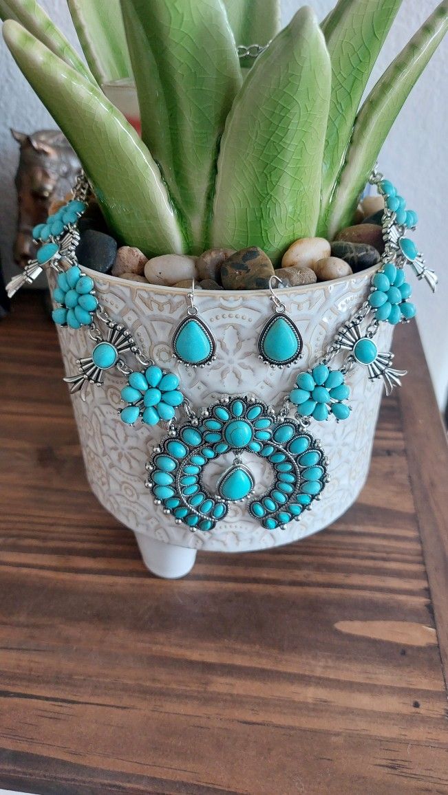 Turquoise Chunky Statement Necklace Earrings Set Boho Tribal Floral Southwestern