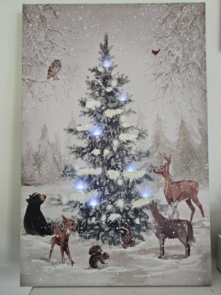 $35.00 - 24" Christmas LED CANVAS Wall Art!  Blinking Warm White Lights/Forest Animals Around Iluminated Forest Tree!  Like New/Batteries Included!