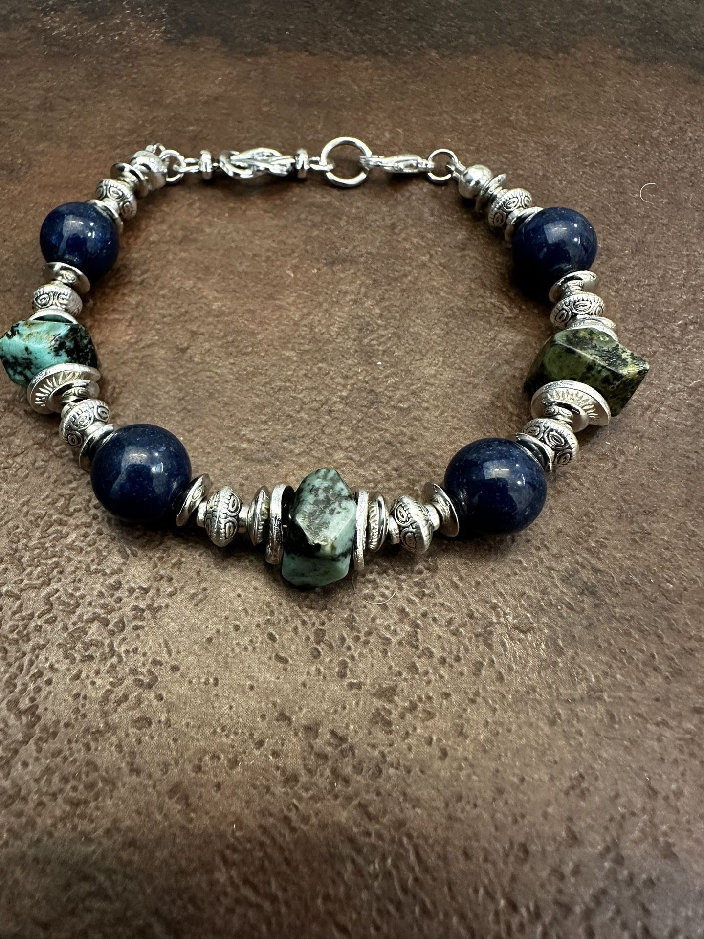 Navy Lapis Lazuli and Green African Turquoise Beaded Bracelet.