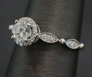 14K White Gold Diamond Engagement Ring .65ct Round Certified Diamond & .19ctw