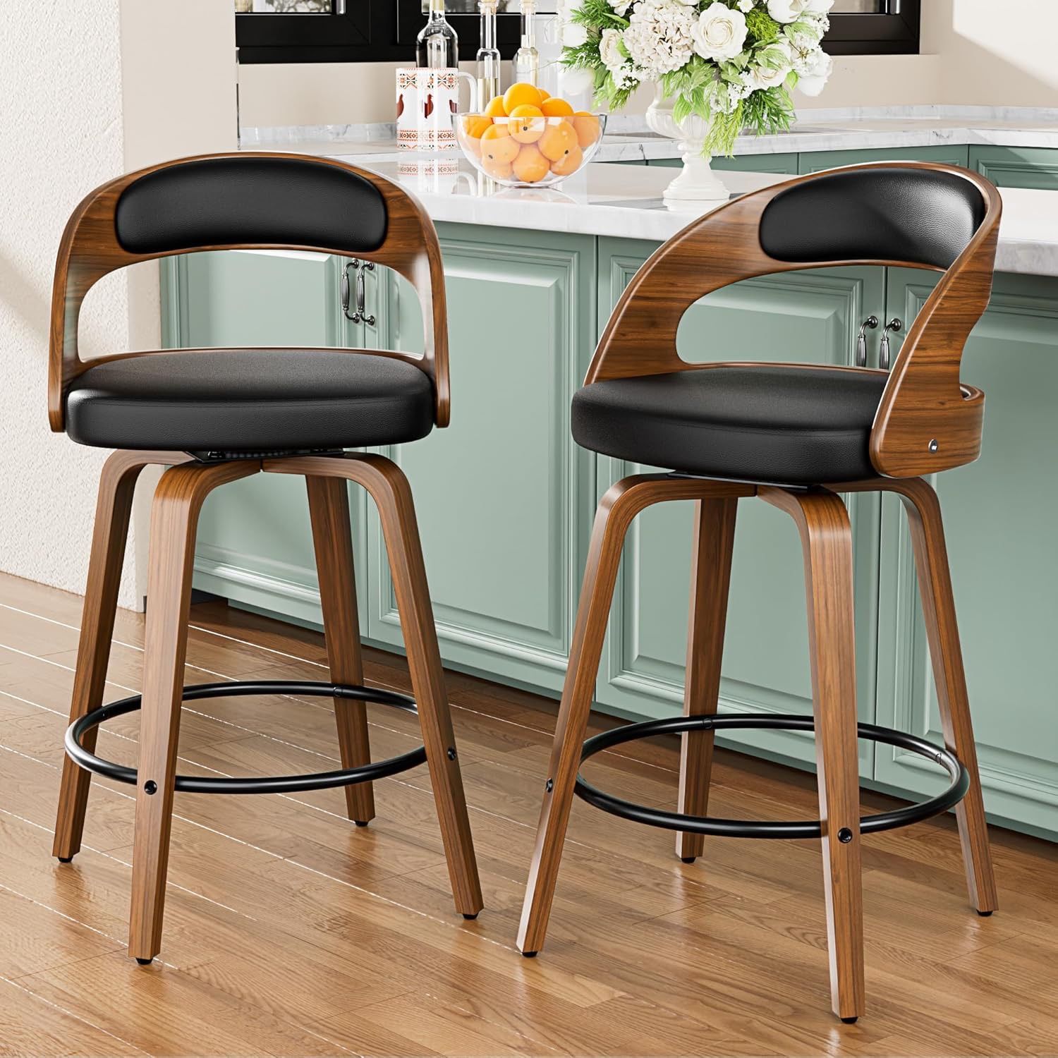 Bar Stools Set of 2, 26" Swivel Counter Height Bar Stools with Bentwood Legs and Back, Mid Century Modern Faux Leather Upholstered Counter Stools for