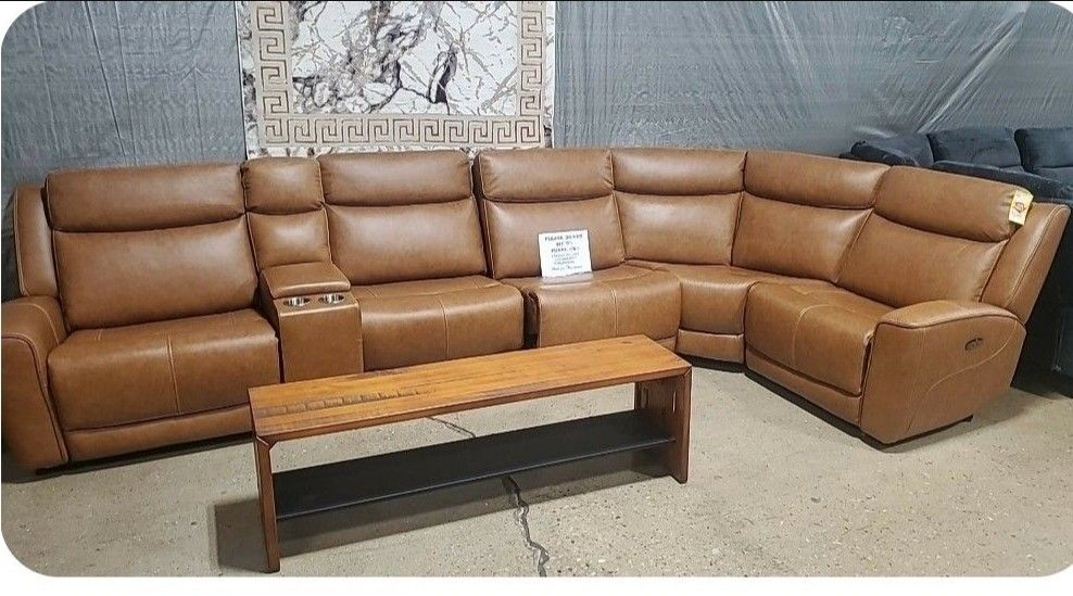 6 Pc Leather Modular Power Sectional (New )