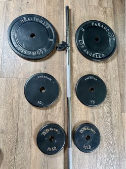 BRAND NEW 5 ft Silver Standard Bar & VINTAGE Weight Plates: 25s, 10s And 5s. (Total: 97 lbs)