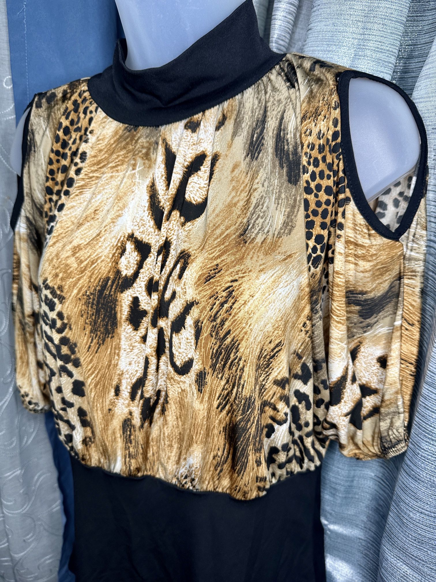 Say Anything ~ Women’s Leopard Blouse 3/4 Sleeve Open Shoulder - Size Large