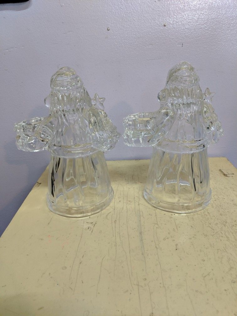 Glass Santa Claus Candle Holders, Set Of 2 , Made In USA