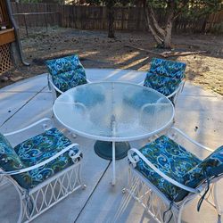 Heavy Duty Rod Iron And Glass Patio Set With New Cushions 