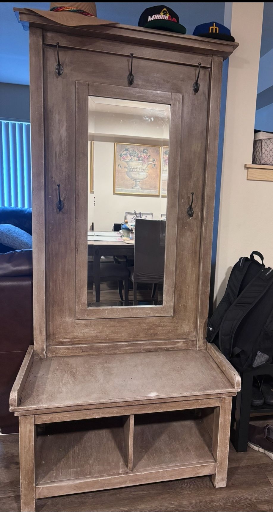 Entryway Hall Tree With Mirror Coat Hooks And Storage Bench OK