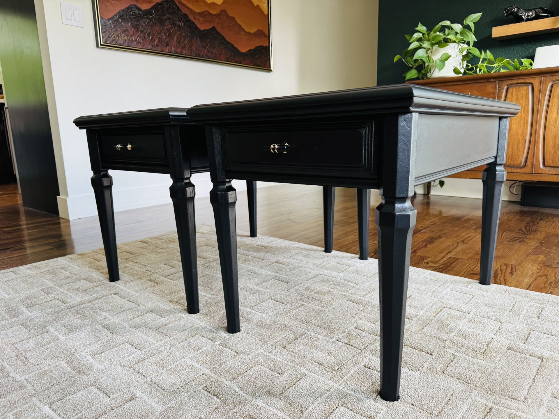 Set of refinished vintage Stanley wood nightstands or end tables