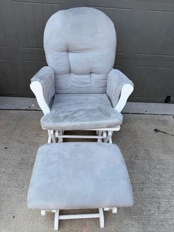 White Wooden Glider Rocking Chair with Matching Ottoman – Gray Cushions