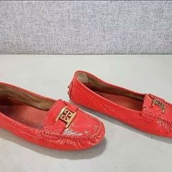 Tory Burch Designer Red Patent Leather Flat Loafers Shoes Women's Size 8 M