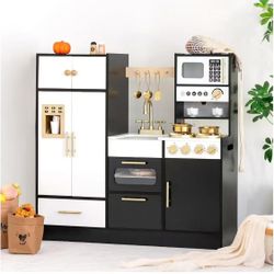 Wooden Play Kitchen Set for Kids – Interactive Pretend Toddler Kitchen Playset with 12 Kitchen Toy Accessories, Perfect for Ages