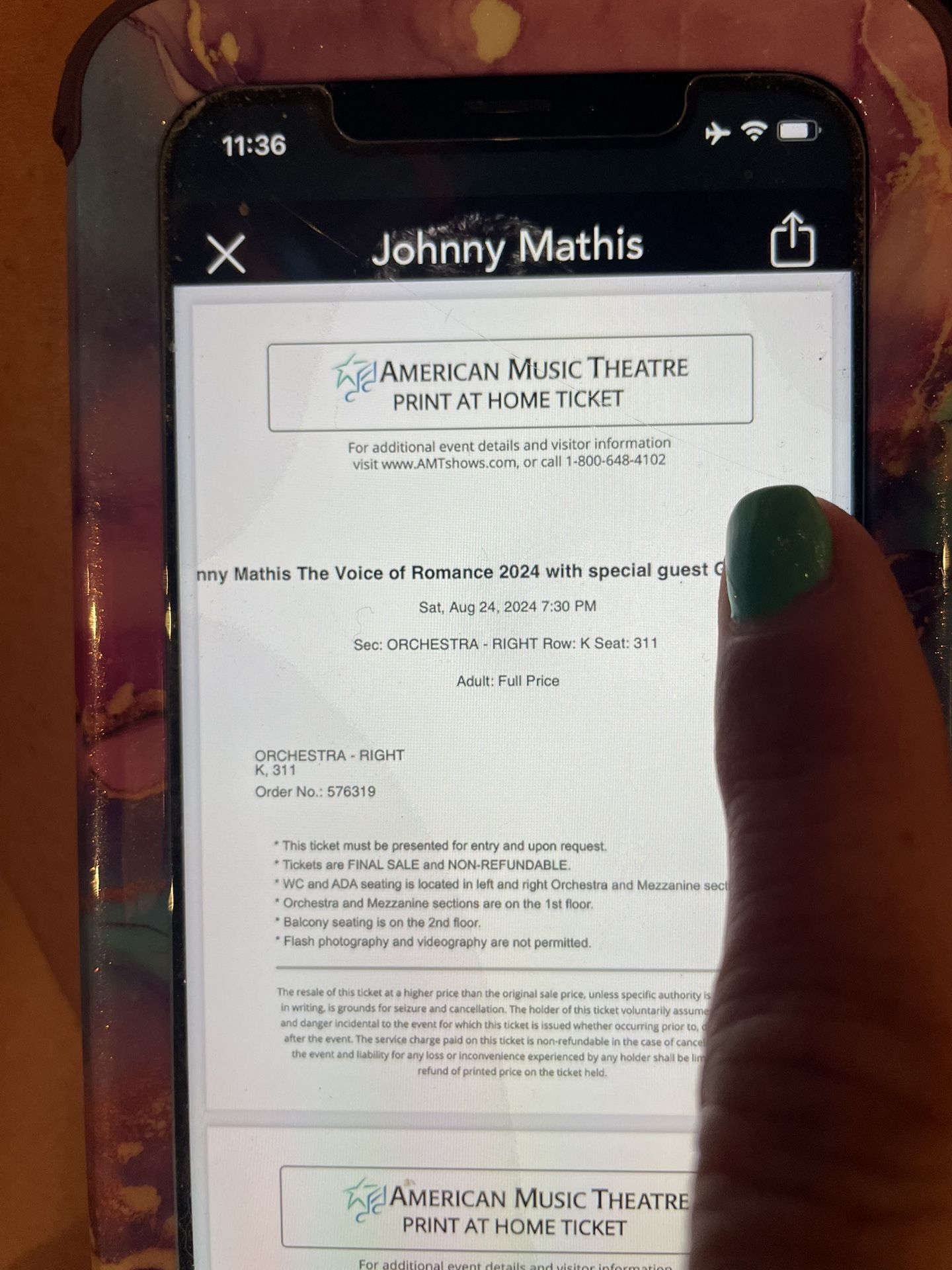 Johnny Mathis 2 Tickets