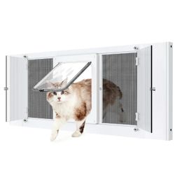 2-in-1 Cat Door for Window with Acrylic Panel, Rainproof & Ventilation Dual Modes, Adjustable Width of 32"-36" for Sliding Windows, Weather Resistant 