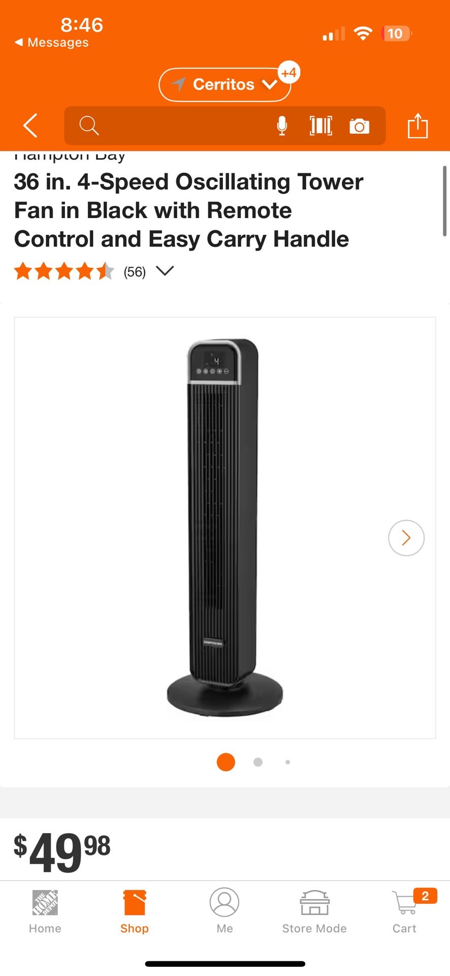 Hampton Bay 36 in. 4-Speed Oscillating Tower Fan in Black with Remote Control and Easy Carry Handle