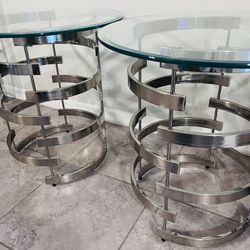 Modern/Contemporary  Set Of 2 End Tables __Metal W/ Round Glass Tops