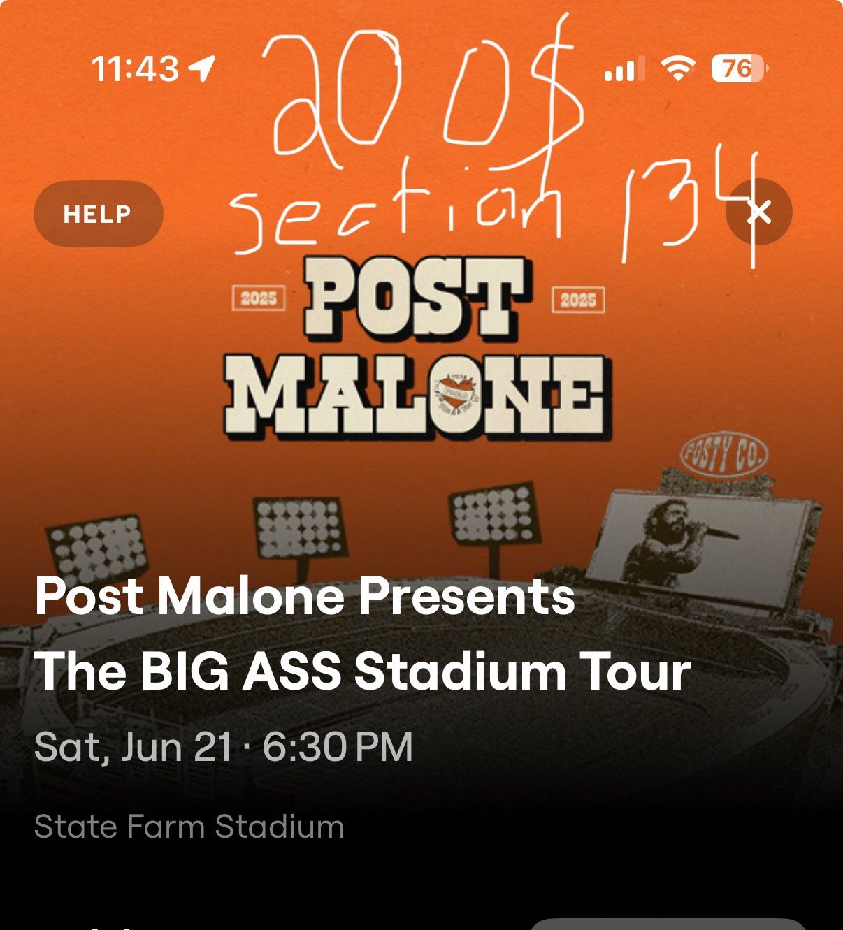 Post Malone Sec 134 Row 16