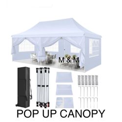 10x20 Pop Up Canopy with 6 Sidewalls and Windows, Ez Up Outdoor Instant Canopy Tent for Parties, Adjustable Waterproof Canopy with 6 Sand Bags, 8 Stak